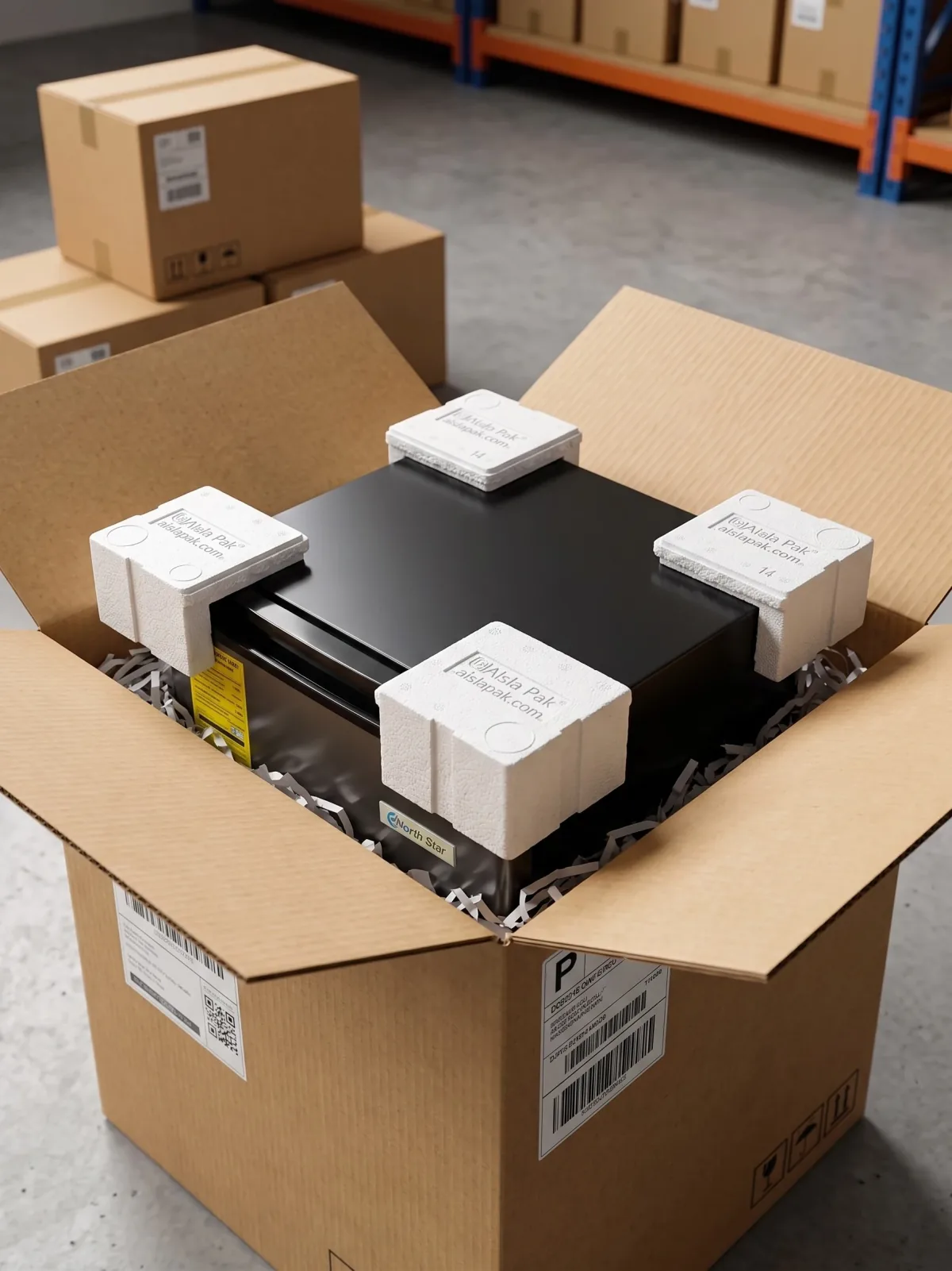 Caja de cartón abierta con un producto protegido en sus cuatro esquinas por esquineros modulares de EPS